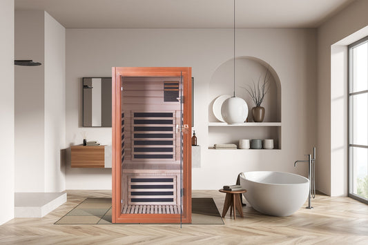 A 1 person sauna in the bathroom