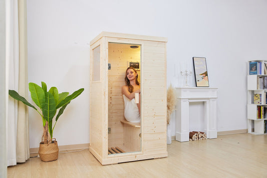Outexer sauna at home with a lady sitting inside