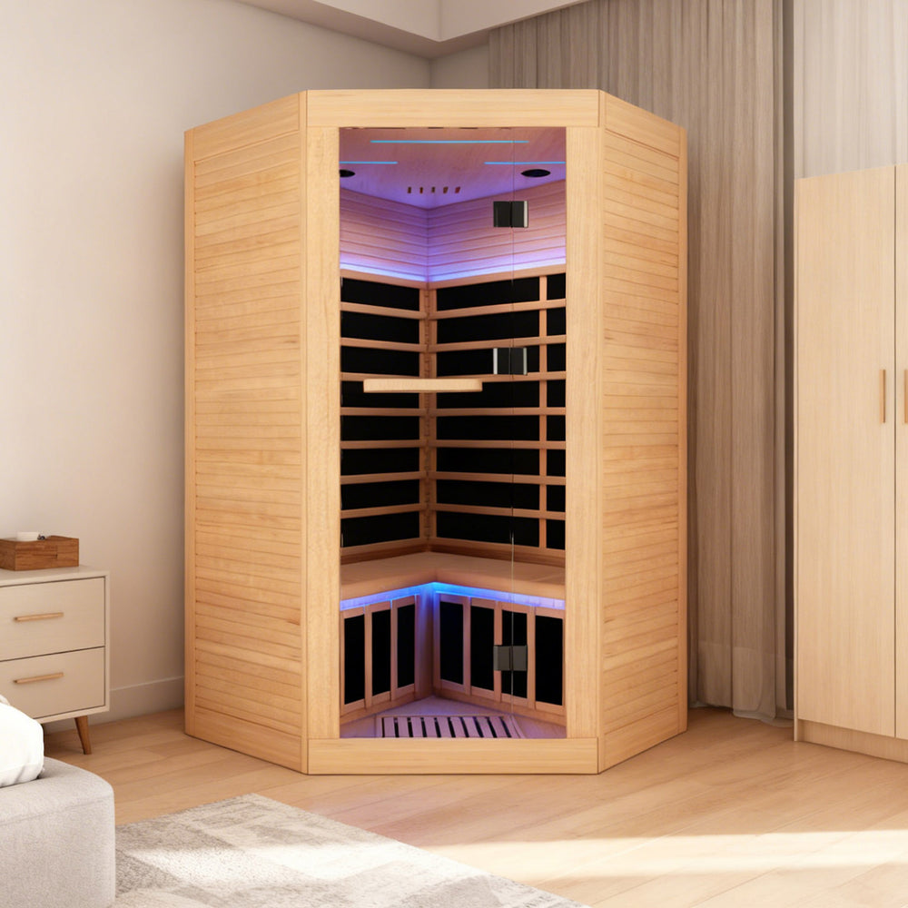 Outexer HK3 indoor 3 person Low EMF far infrared sauna in the corner Outexer HK3 indoor 3 person Low EMF far infrared sauna in the corner