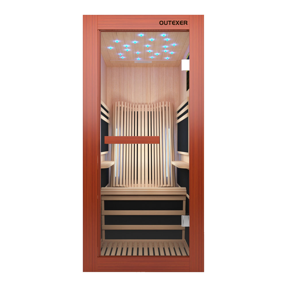 Infrared sauna with wooden interior and Outexer branding on a white background Infrared sauna with wooden interior and Outexer branding on a white background