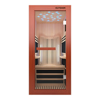 Infrared sauna with wooden interior and Outexer branding on a white background Infrared sauna with wooden interior and Outexer branding on a white background