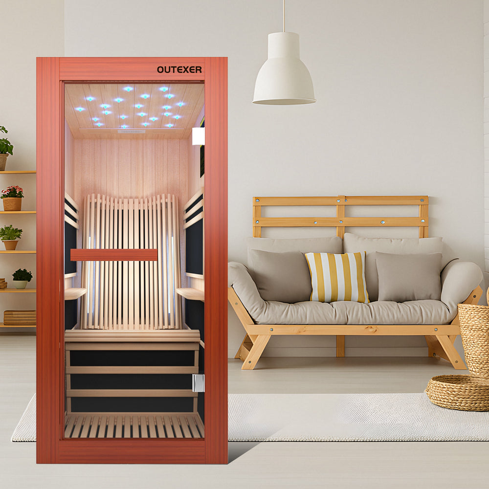 Infrared sauna with Outexer branding in a living room setting. Infrared sauna with Outexer branding in a living room setting.