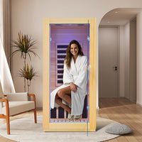 HY-MINI outexer infrared sauna indoor with a lady sitting in the sauna HY-MINI outexer infrared sauna indoor with a lady sitting in the sauna