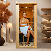 A lady sitting in the Outexer indoor sauna HY1 at home A lady sitting in the Outexer indoor sauna HY1 at home