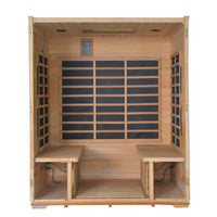 Wooden infrared sauna with benches and black panels on a white background Wooden infrared sauna with benches and black panels on a white background