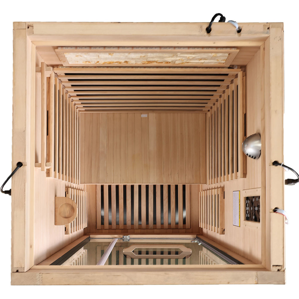 Top view of the interior of the hemlock 1-person sauna Top view of the interior of the hemlock 1-person sauna