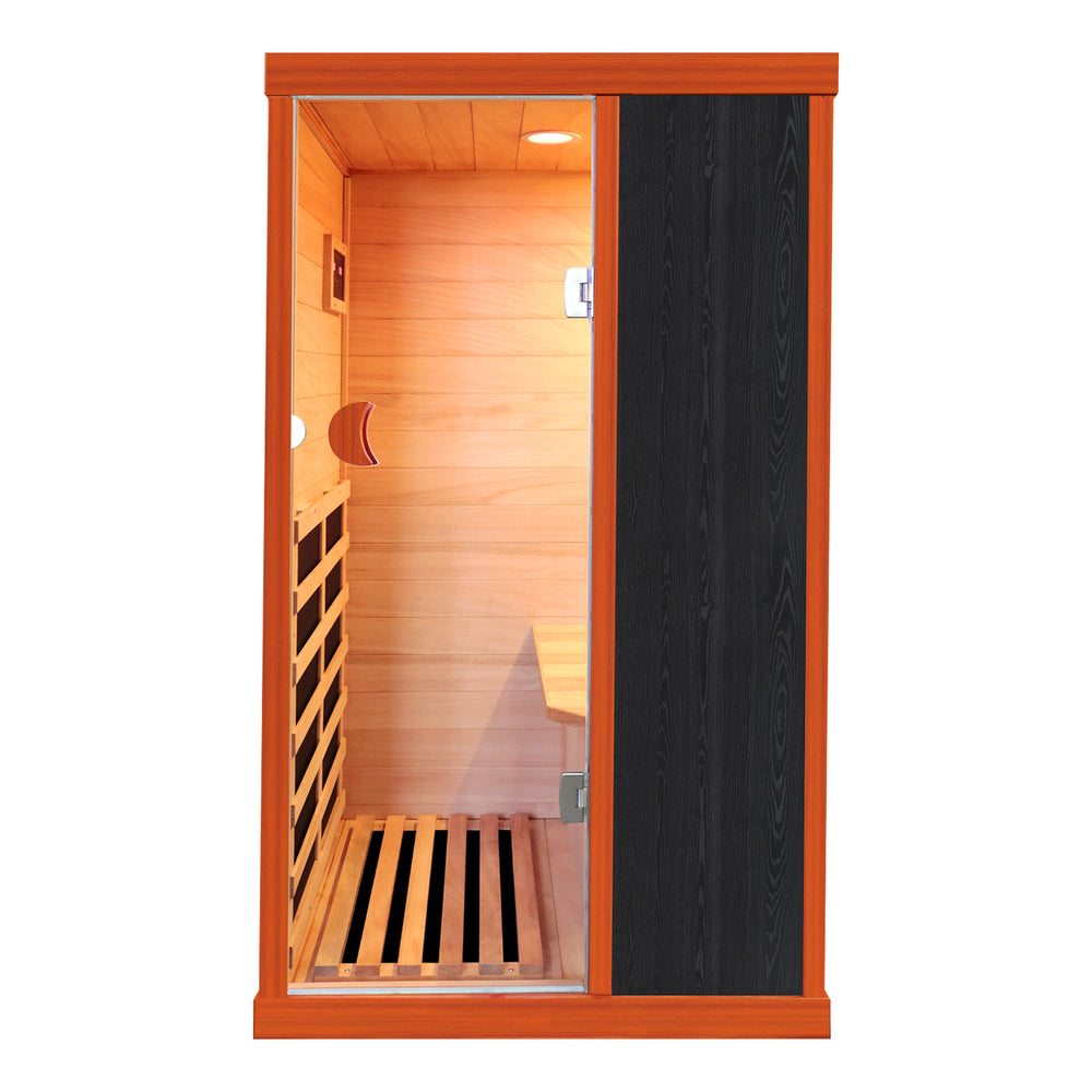 Outexer T-50C5 sauna with a black panel in the frint on a white background Outexer T-50C5 sauna with a black panel in the frint on a white background