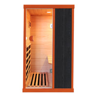 Outexer T-50C5 sauna with a black panel in the frint on a white background Outexer T-50C5 sauna with a black panel in the frint on a white background