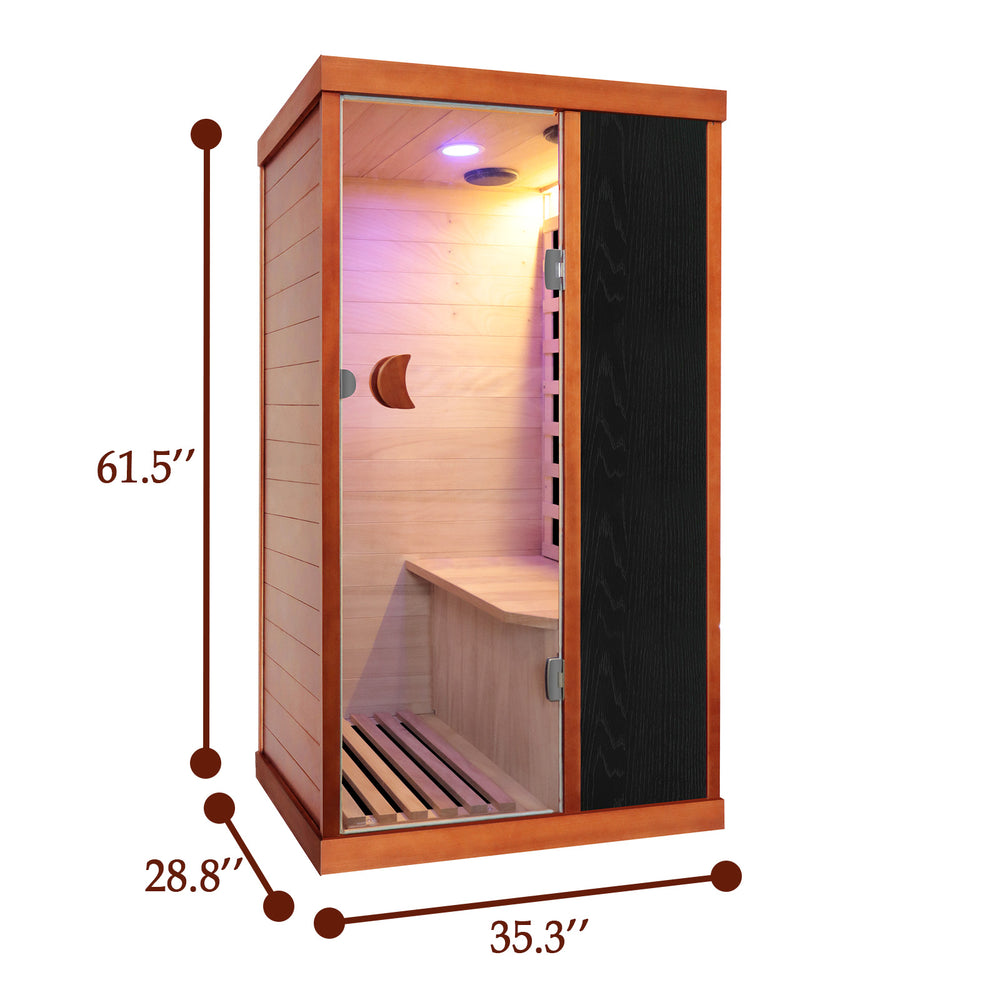Outexer T-50C5 wooden sauna with dimensions indicated on a white background Outexer T-50C5 wooden sauna with dimensions indicated on a white background