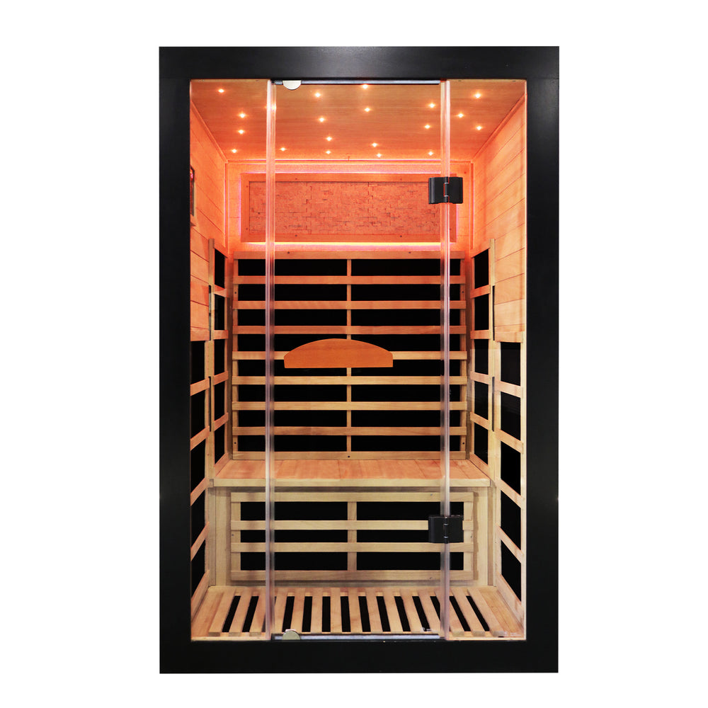 Outexer Infrared sauna T52D3 with wooden interior and glass door on a white background Outexer Infrared sauna T52D3 with wooden interior and glass door on a white background