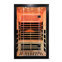 Outexer Infrared sauna T52D3 with wooden interior and glass door on a white background Outexer Infrared sauna T52D3 with wooden interior and glass door on a white background