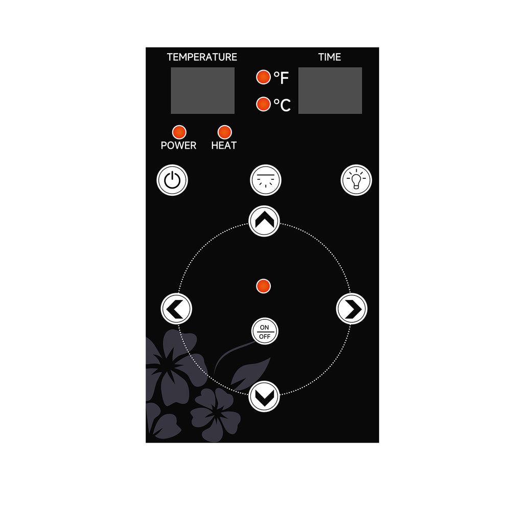Outexer Sauna T52D3 Control panel with temperature and time settings on a black background Outexer Sauna T52D3 Control panel with temperature and time settings on a black background