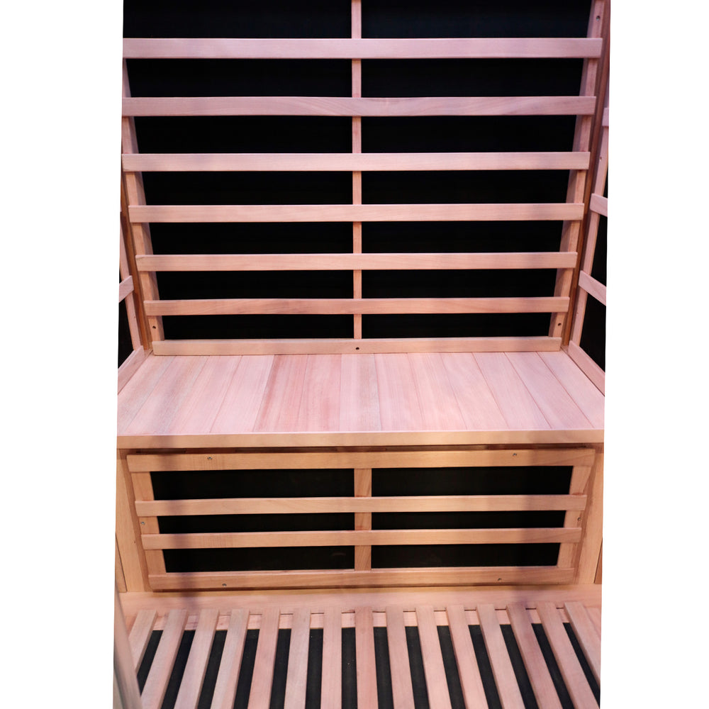 Outexer wooden sauna bench with black infrared panels on a white background Outexer wooden sauna bench with black infrared panels on a white background