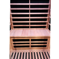 Outexer wooden sauna bench with black infrared panels on a white background Outexer wooden sauna bench with black infrared panels on a white background