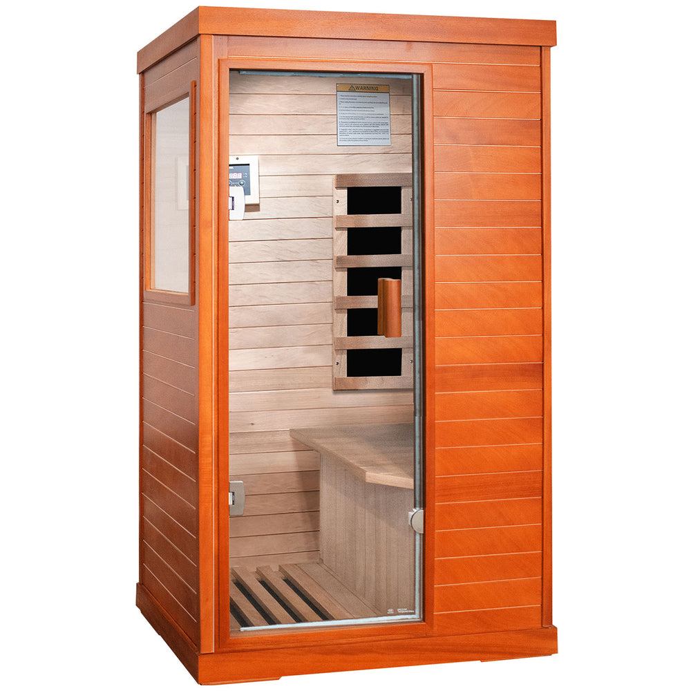 Outexer indoor infrared sauna with glass door on a white background Outexer indoor infrared sauna with glass door on a white background