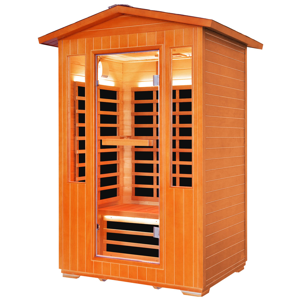 Outexer sauna HY6 with interior lights on a white background Outexer sauna HY6 with interior lights on a white background