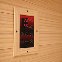 Interior of the Outexer HF8 2-person traditional sauna with two-level benches and electric heater Interior of the Outexer HF8 2-person traditional sauna with two-level benches and electric heater
