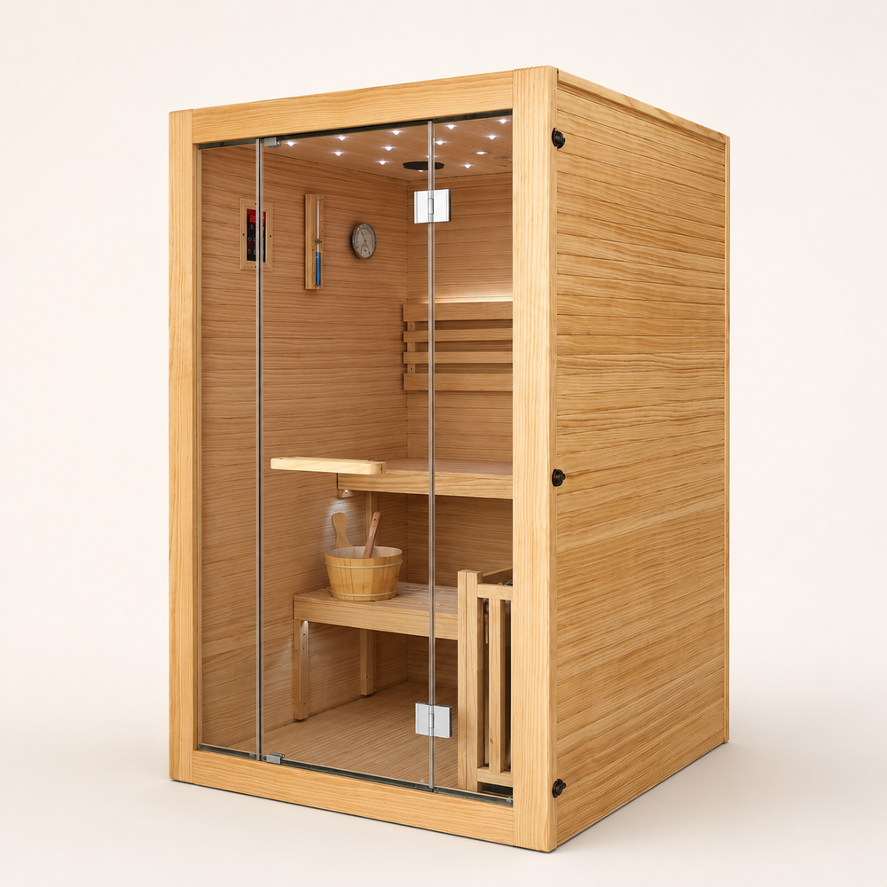 Angled view of the Outexer Vista 47 indoor traditional sauna. Angled view of the Outexer Vista 47 indoor traditional sauna.