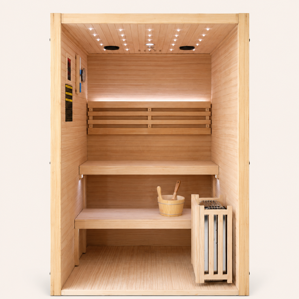 Outexer Vista 47 traditional sauna interior with two-level wood benches. Outexer Vista 47 traditional sauna interior with two-level wood benches.