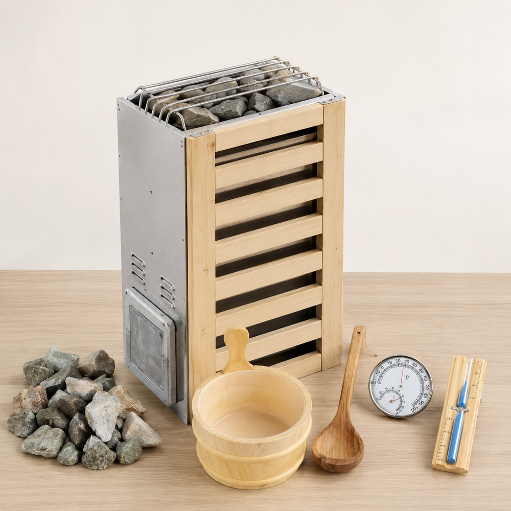 Traditional sauna heater, stones, wooden guard, and accessories for the Outexer Vista 47. Traditional sauna heater, stones, wooden guard, and accessories for the Outexer Vista 47.
