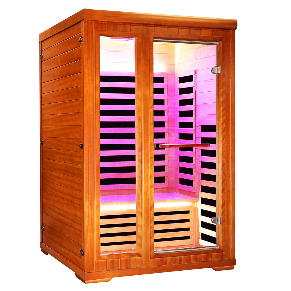 Outexer infrared sauna HM3 with glass doors on a white background Outexer infrared sauna HM3 with glass doors on a white background