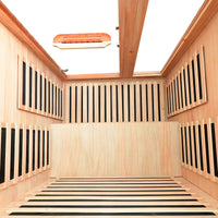 Wooden sauna HM3 interior with slatted walls and a ceiling light fixture. Wooden sauna HM3 interior with slatted walls and a ceiling light fixture.