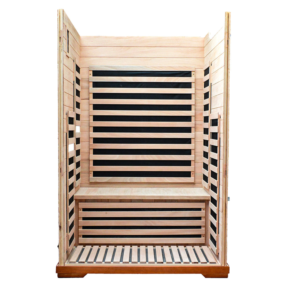 Outexer infrared sauna HM3 with slatted design on a white background Outexer infrared sauna HM3 with slatted design on a white background