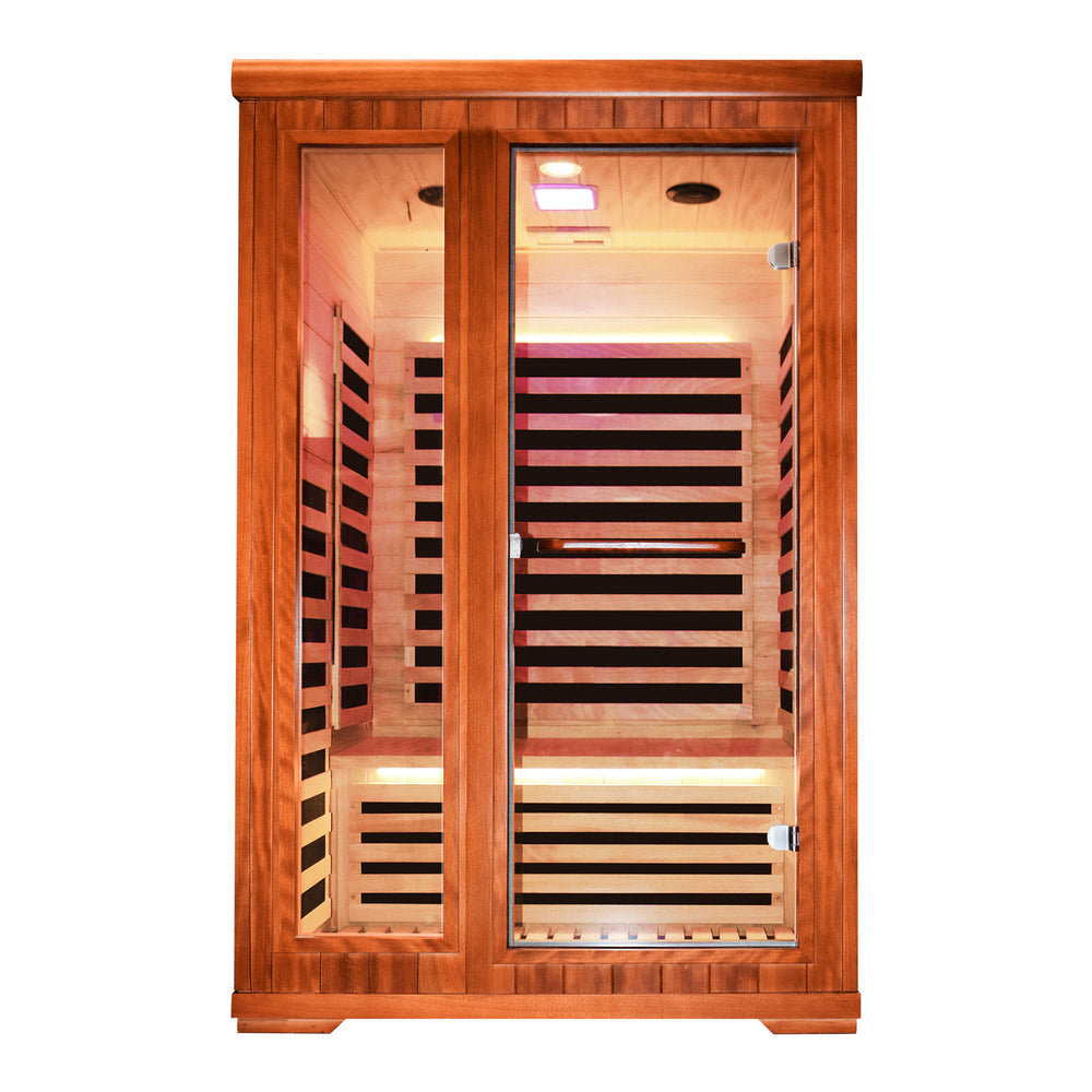 Wooden infrared sauna HM3 with glass doors on a white background Wooden infrared sauna HM3 with glass doors on a white background