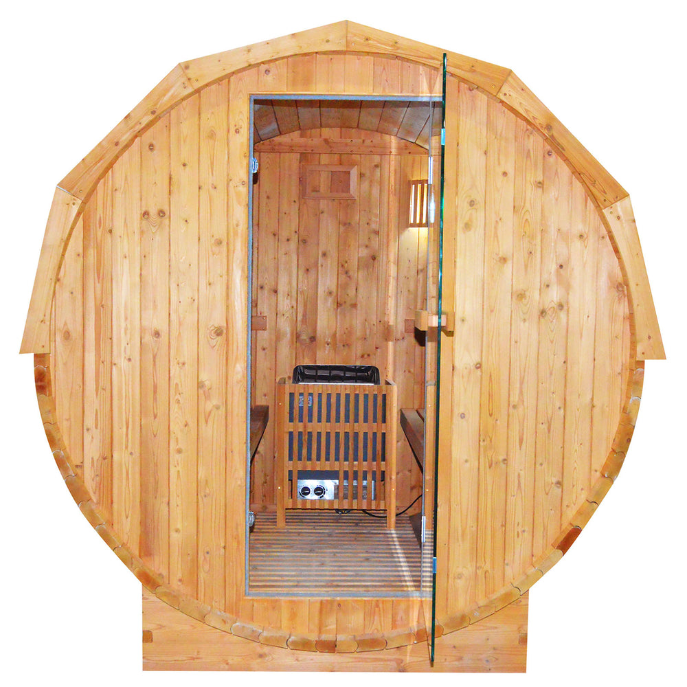 Wooden barrel sauna with interior front view on a white background Wooden barrel sauna with interior front view on a white background