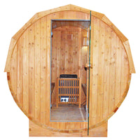 Wooden barrel sauna with interior front view on a white background Wooden barrel sauna with interior front view on a white background