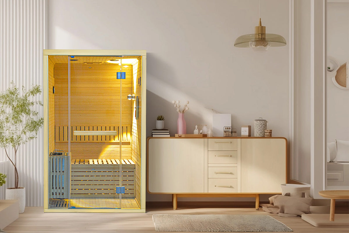 tradition sauna in a modern room with neutral decor
