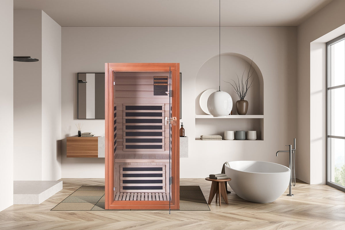 A 1 person sauna in the bathroom