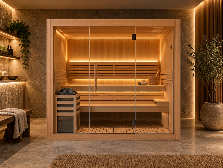 Spacious three-person wooden traditional sauna with glass doors, bench seating, a stone-filled heater, and warm lighting in a modern wellness space.