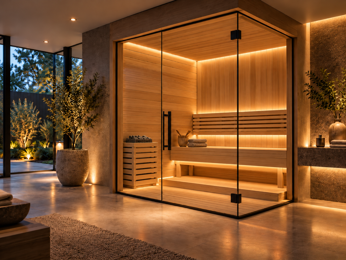 Indoor wooden sauna with glass doors, traditional sauna heater, tiered benches, and warm lighting in a modern wellness space.