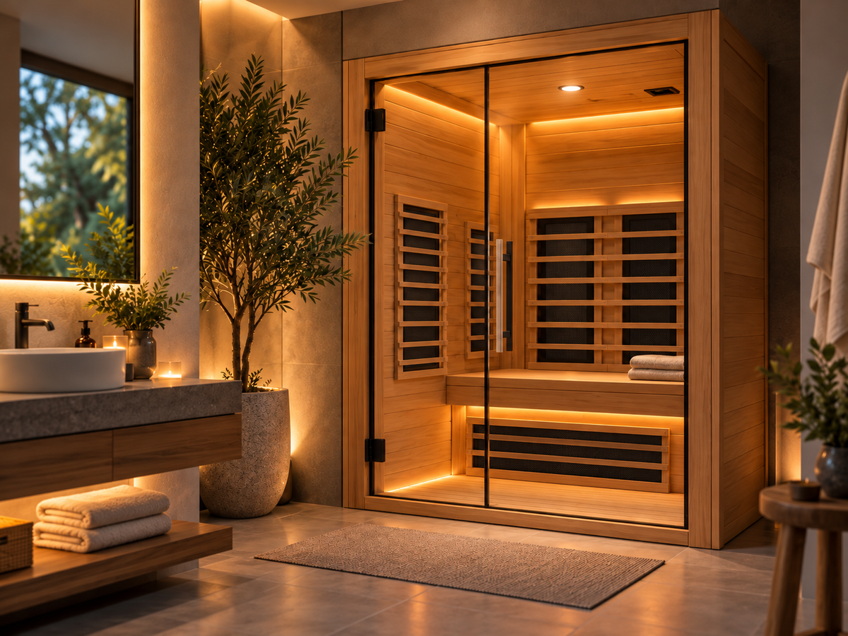 Wooden infrared sauna with glass doors, dark infrared heating panels, and warm ambient lighting in a modern indoor wellness space.