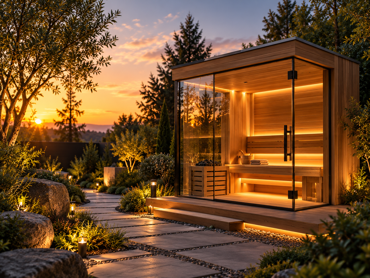 Modern wooden outdoor sauna with glass doors, warm interior lighting, and a stone pathway in a landscaped garden at sunset.