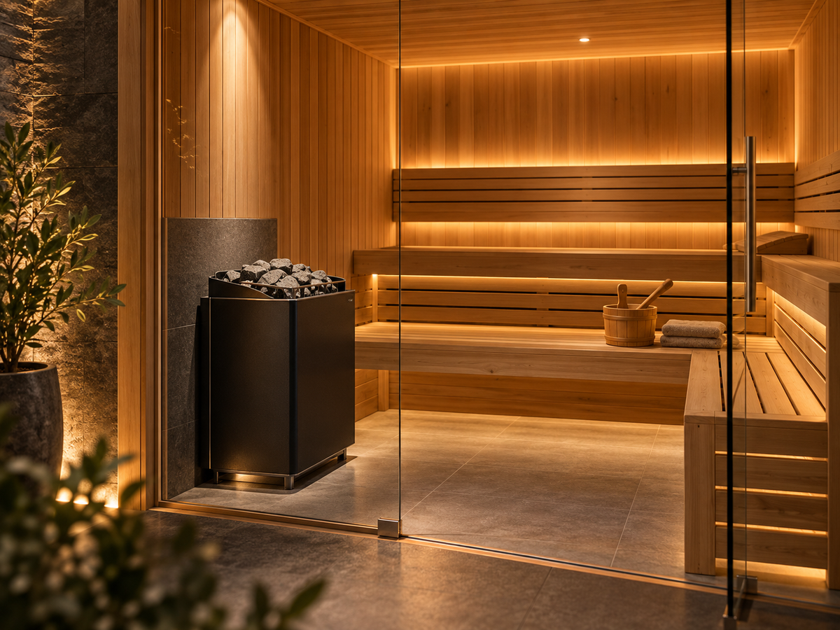 Traditional wooden sauna interior with a stone-filled electric heater, tiered benches, glass doors, and warm ambient lighting.
