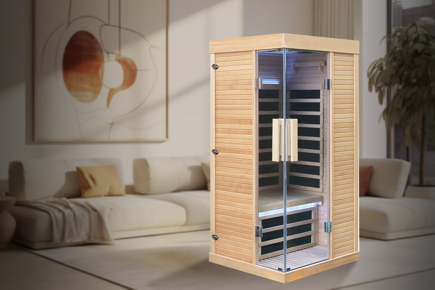 Infrared sauna in a modern living room setting with neutral decor.