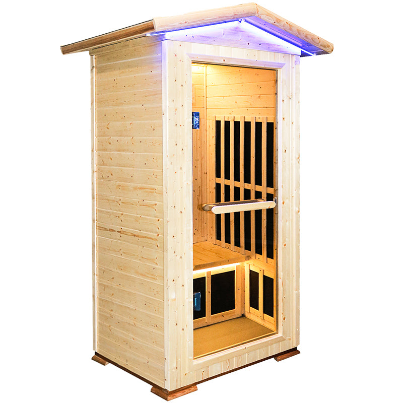 Outexer T-59C2 Outdoor Sauna Wooden Far Infrared Saunas Spa 1300W Low-EMF Dry Sauna Room for One Person Finland Spruce Wood