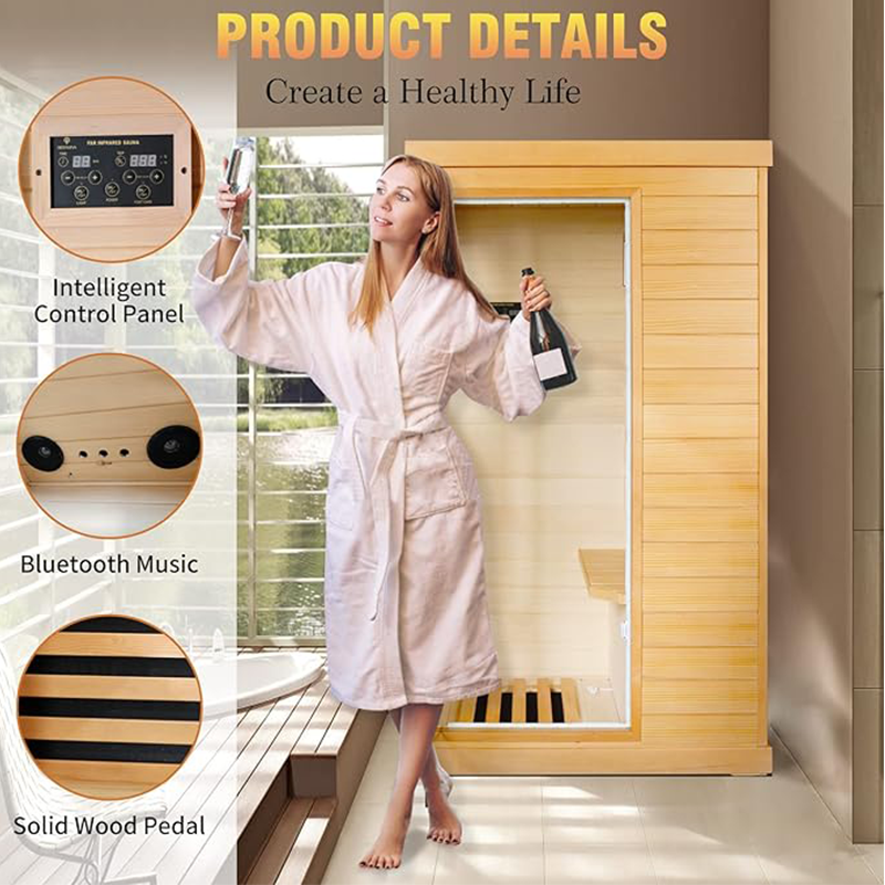 Outexer T-50C Far Infrared Sauna Home Sauna Spa Room Canadian Hemlock Wood 800W Indoor Saunas 110V with Control Panel and Tempered Glass Door, Room: 35.2 * 27.6 * 61.6Inch