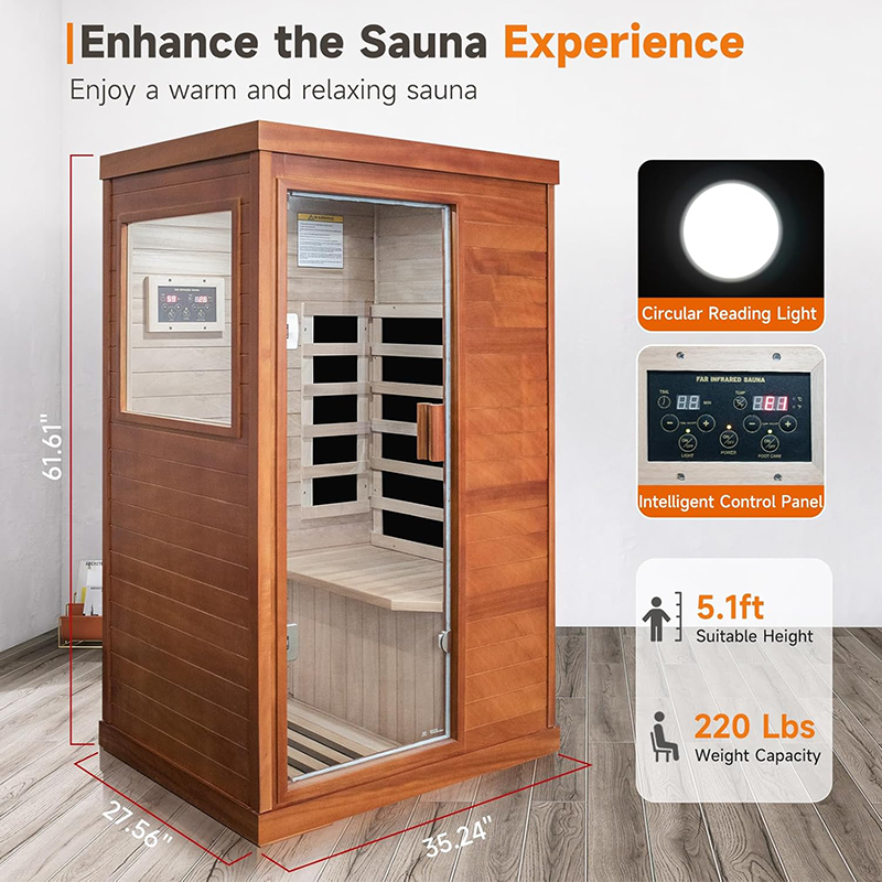 Outexer T-50C3 Far Infrared Sauna Home Sauna Spa Room Low-EMF Wood 800W Indoor Saunas with Control Panel and Tempered Glass Door, Room:35.2 * 27.6 * 61.6Inch