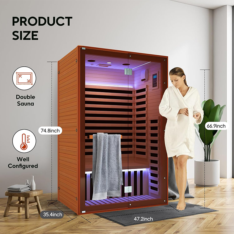 Outexer HY5 Far Infrared Sauna Home Sauna Spa Room for 2 Person Low-EMF Canadian Hemlock Wood 1950W Indoor Saunas with Oxygen Bar 47.2 * 35.4 * 74.8Inch，In production, shipping on April 10