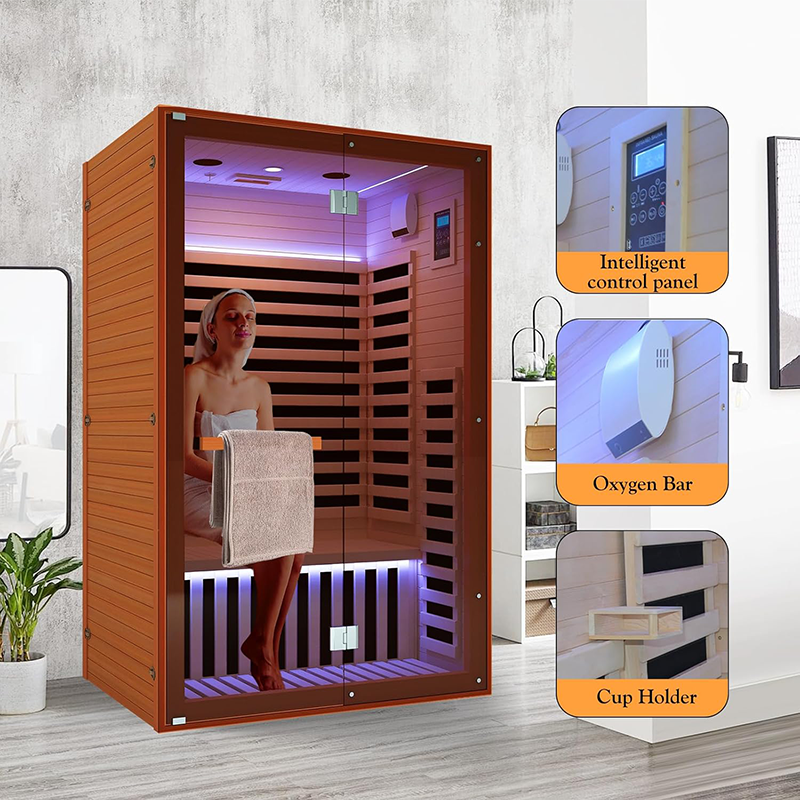 Outexer HY5 Far Infrared Sauna Home Sauna Spa Room for 2 Person Low-EMF Canadian Hemlock Wood 1950W Indoor Saunas with Oxygen Bar 47.2 * 35.4 * 74.8Inch，In production, shipping on April 10