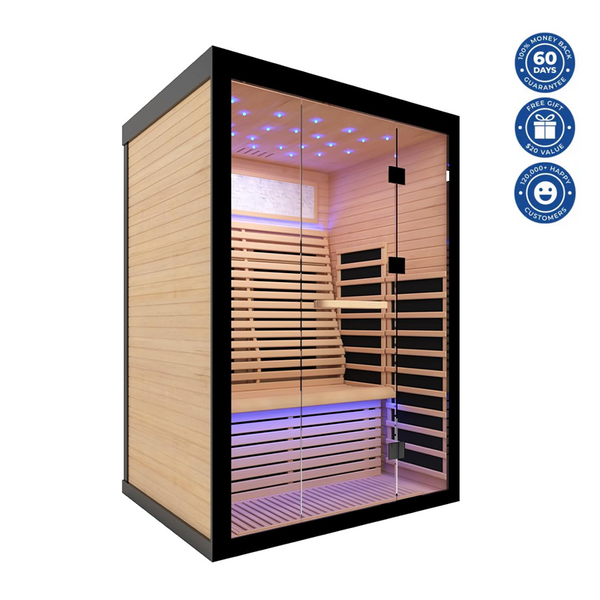 Outexer® HK2 2-Person Infrared Sauna – 2160W Low-EMF Canadian Hemlock Home Spa with Oxygen Bar, 7-Color Therapy & Tempered Glass