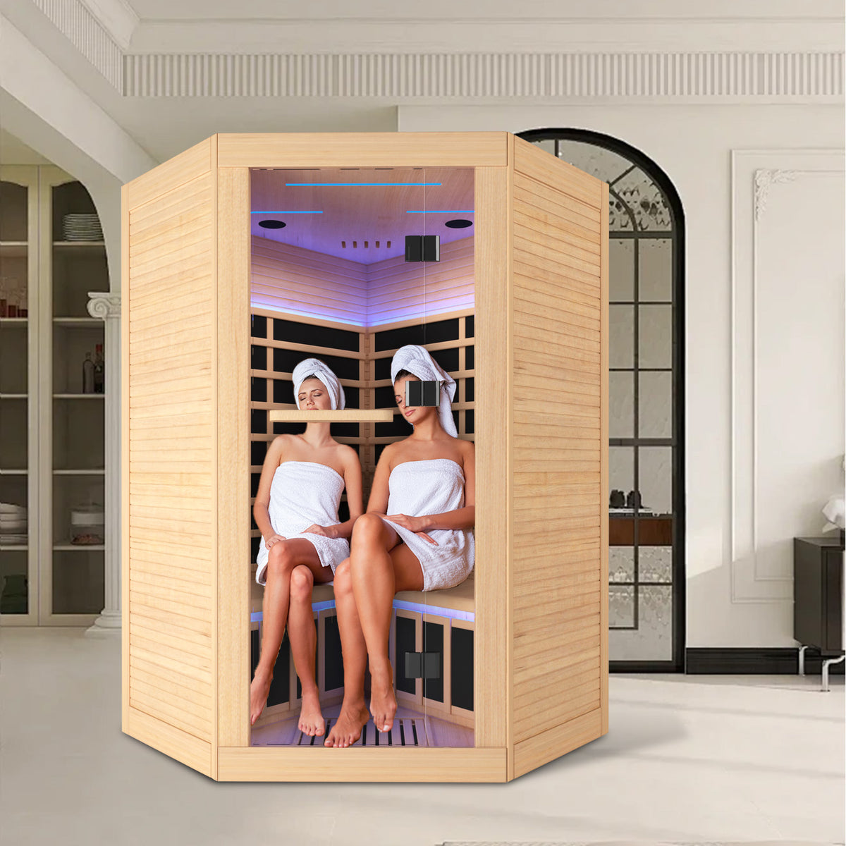 Two people in a Outexer infrared sauna HK3 with a modern interior setting.