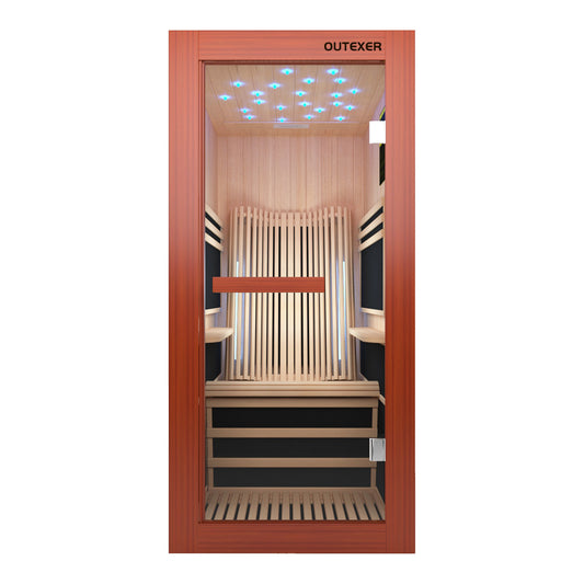 Infrared sauna with wooden interior and Outexer branding on a white background