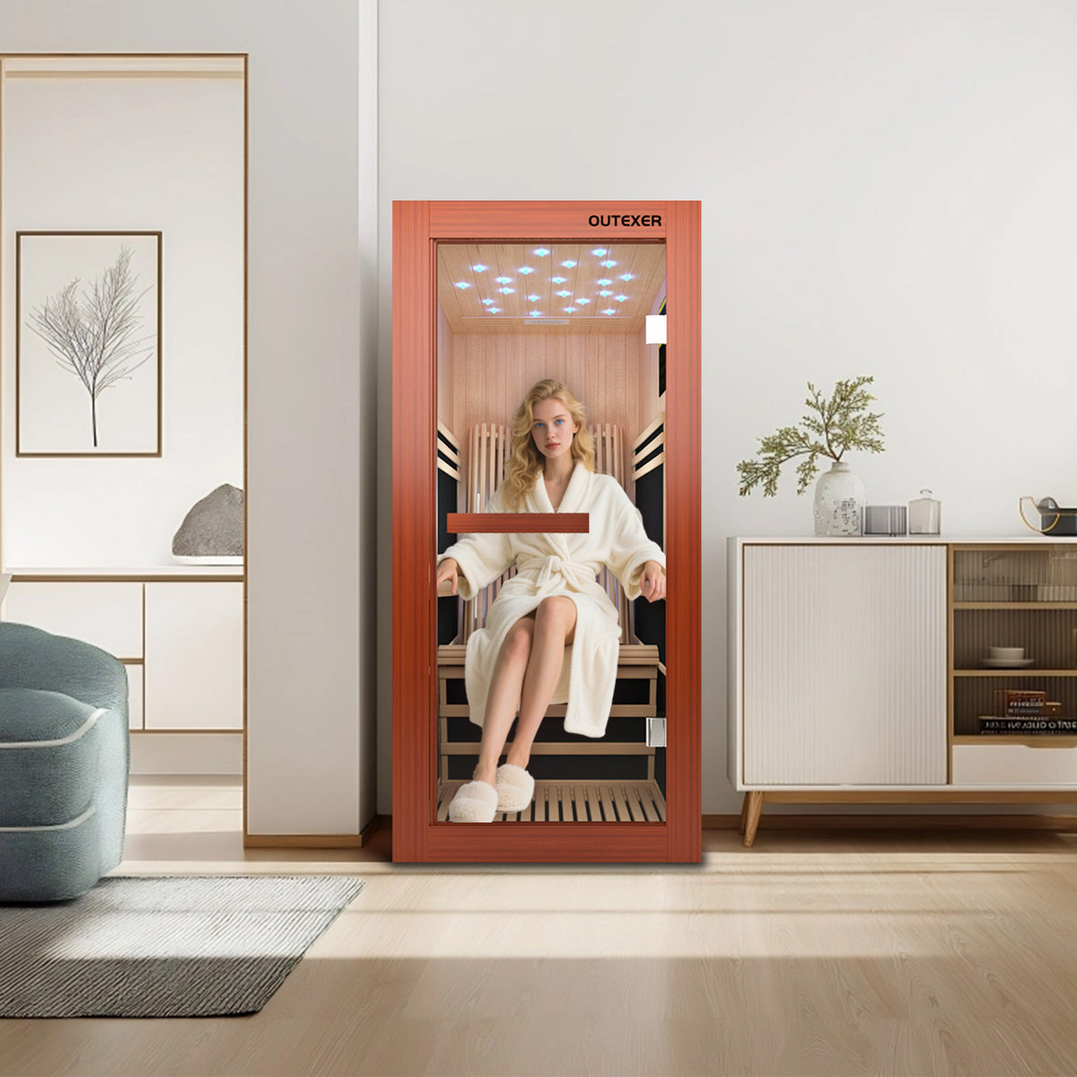 A Woman sitting inside a infrared sauna with 'OUTEXER' branding, reflected in a mirror.