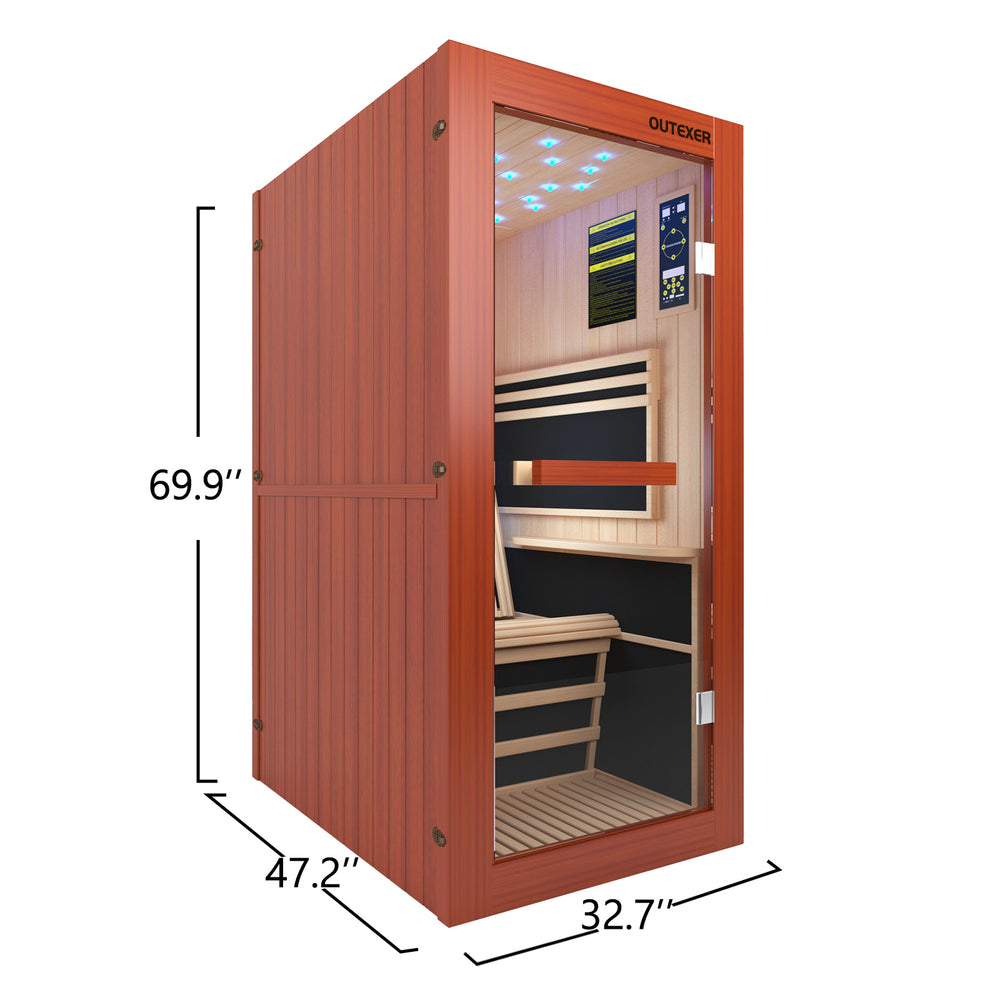 Infrared sauna with dimensions labeled on a white background