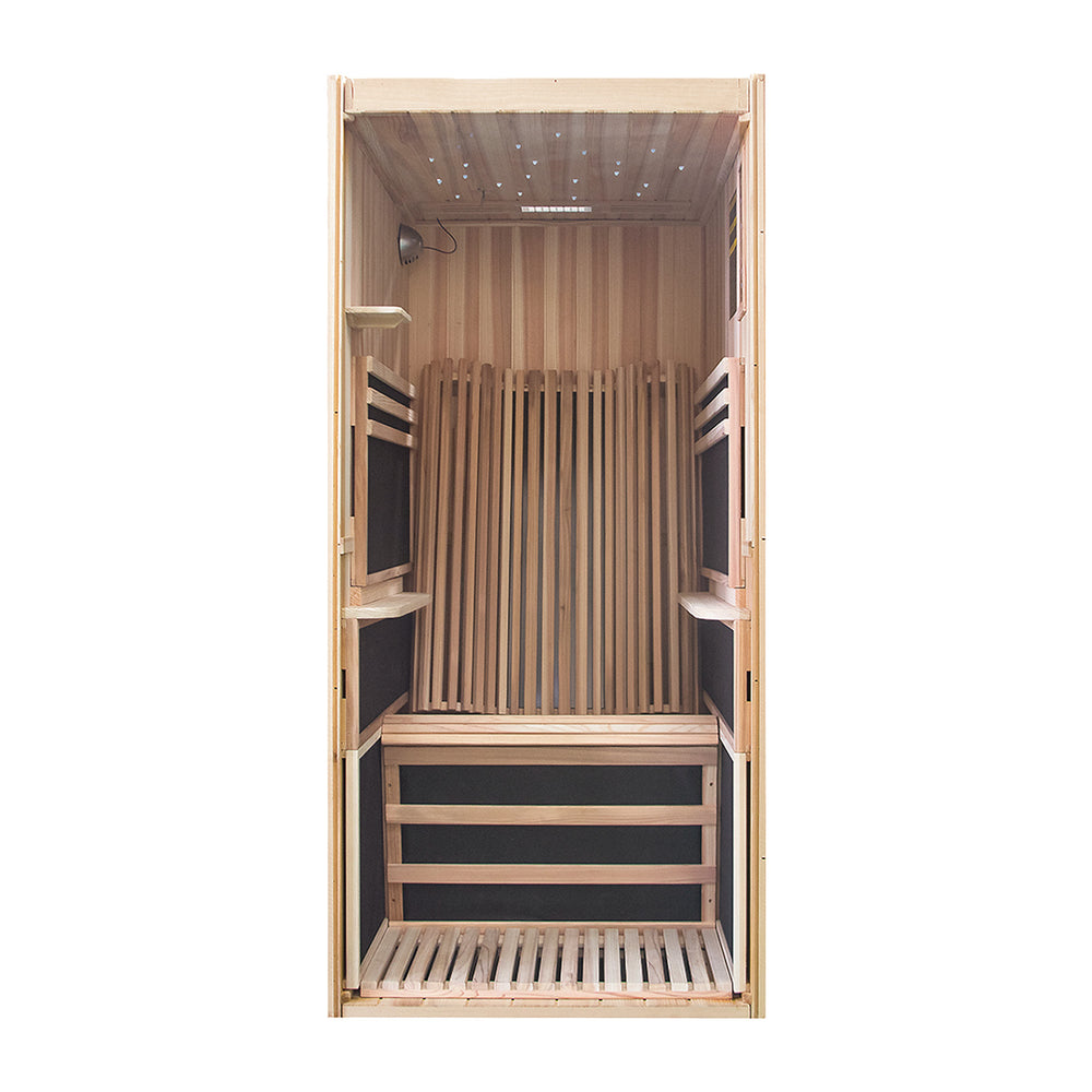 Wooden sauna with black interior on a white background
