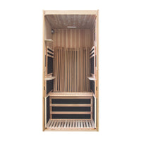 Wooden sauna with black interior on a white background
